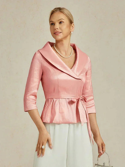 3/4 Sleeve Stretch Taffeta Blouse with Tie Waist Detail