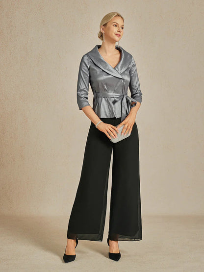 3/4 Sleeve Stretch Taffeta Blouse with Tie Waist Detail