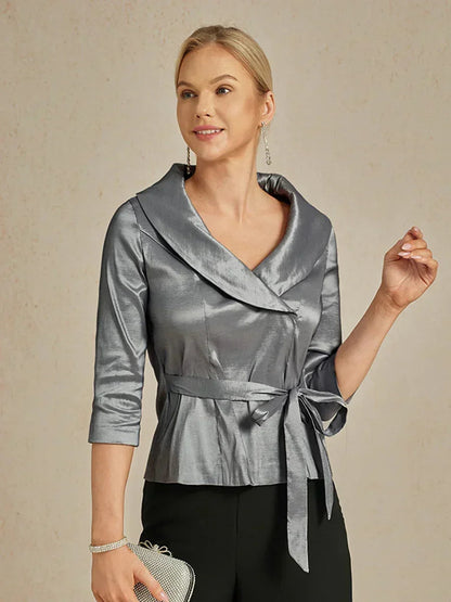 3/4 Sleeve Stretch Taffeta Blouse with Tie Waist Detail