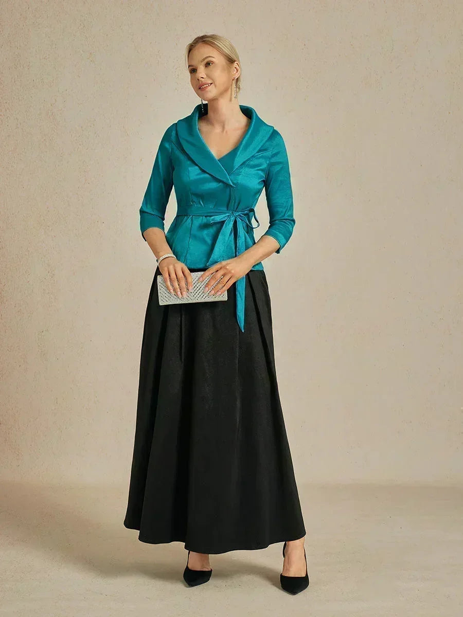 3/4 Sleeve Stretch Taffeta Blouse with Tie Waist Detail