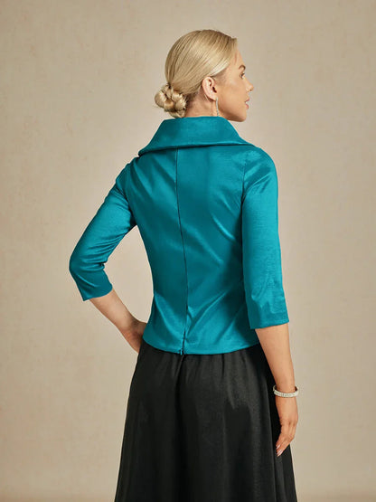 3/4 Sleeve Stretch Taffeta Blouse with Tie Waist Detail