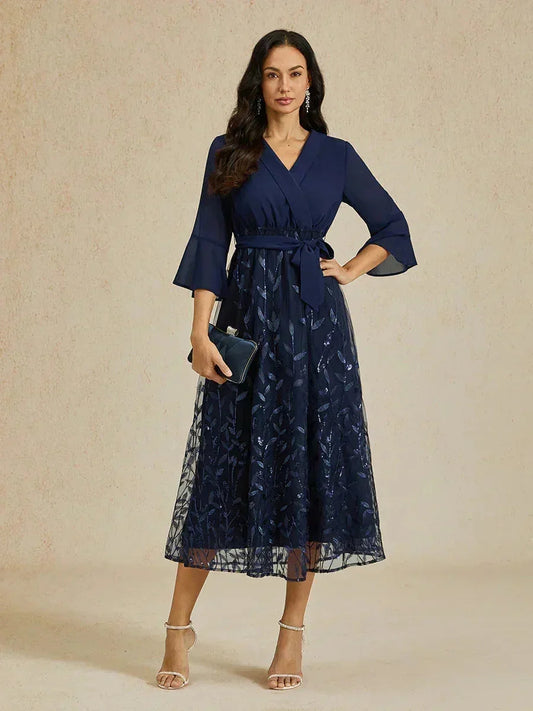 Navy Sequins Mesh Midi Dress