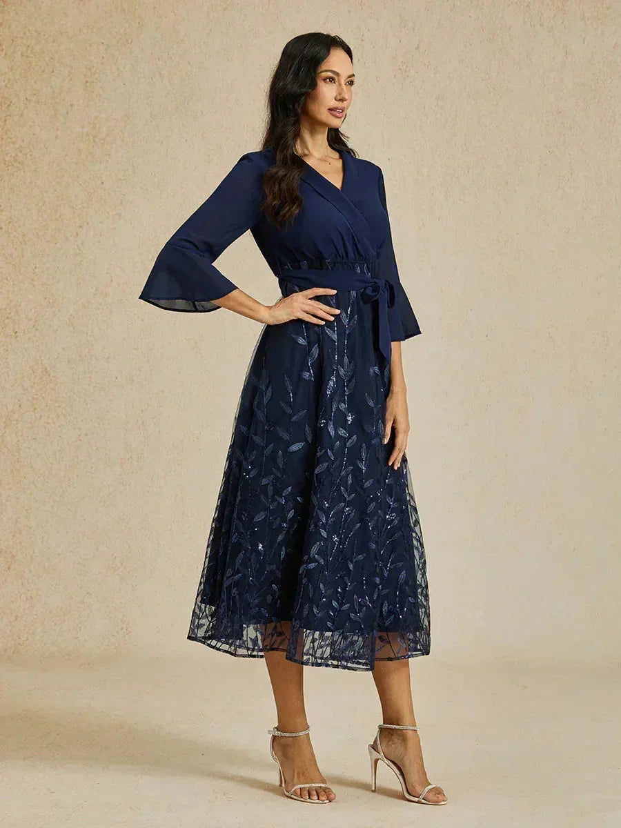 Navy Sequins Mesh Midi Dress