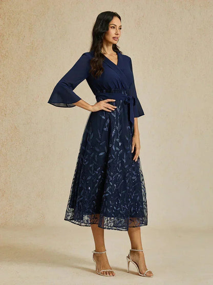 Navy Sequins Mesh Midi Dress