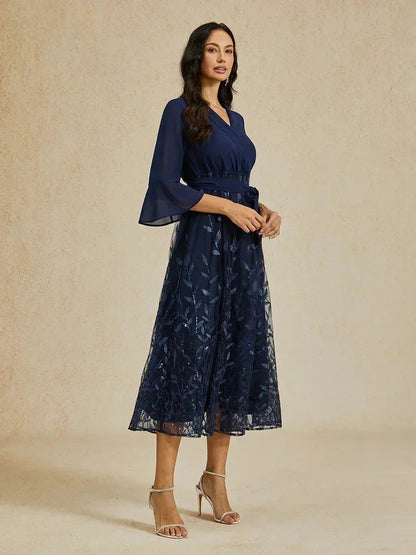 Navy Sequins Mesh Midi Dress