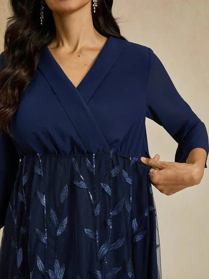 Navy Sequins Mesh Midi Dress