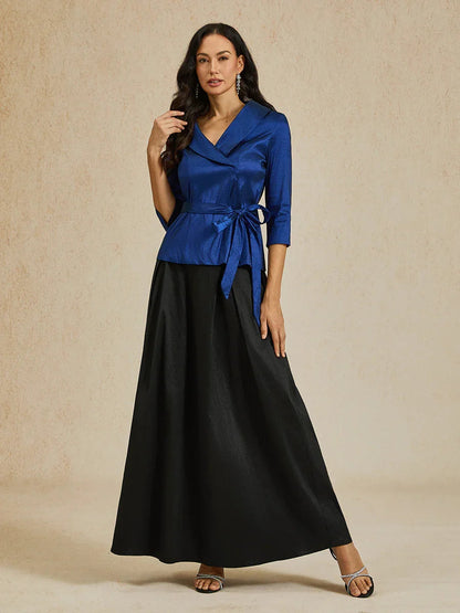 3/4 Sleeve Stretch Taffeta Blouse with Tie Waist Detail
