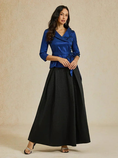 3/4 Sleeve Stretch Taffeta Blouse with Tie Waist Detail