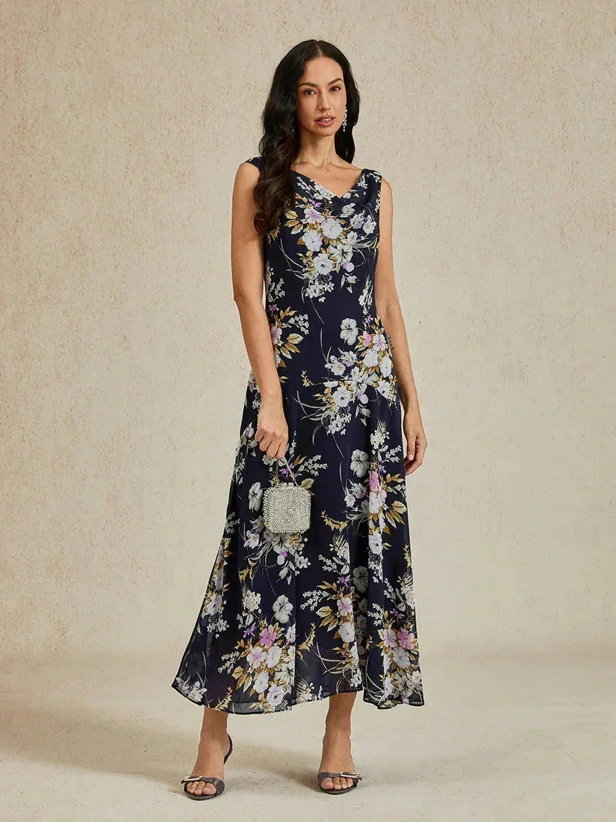 Floral Cowl Neck Tea-Length Dress with Flounce Hem