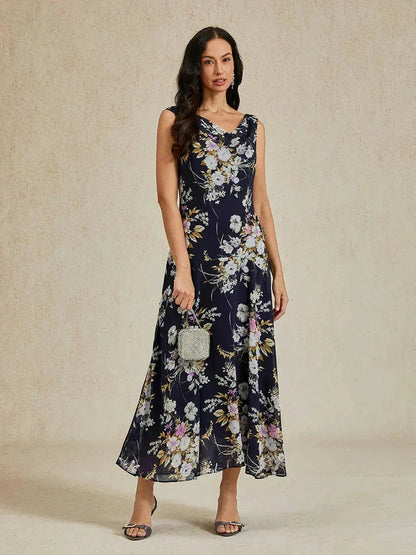 Robe longue à col bénitier et ourlet à volants