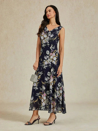 Floral Cowl Neck Tea-Length Dress with Flounce Hem