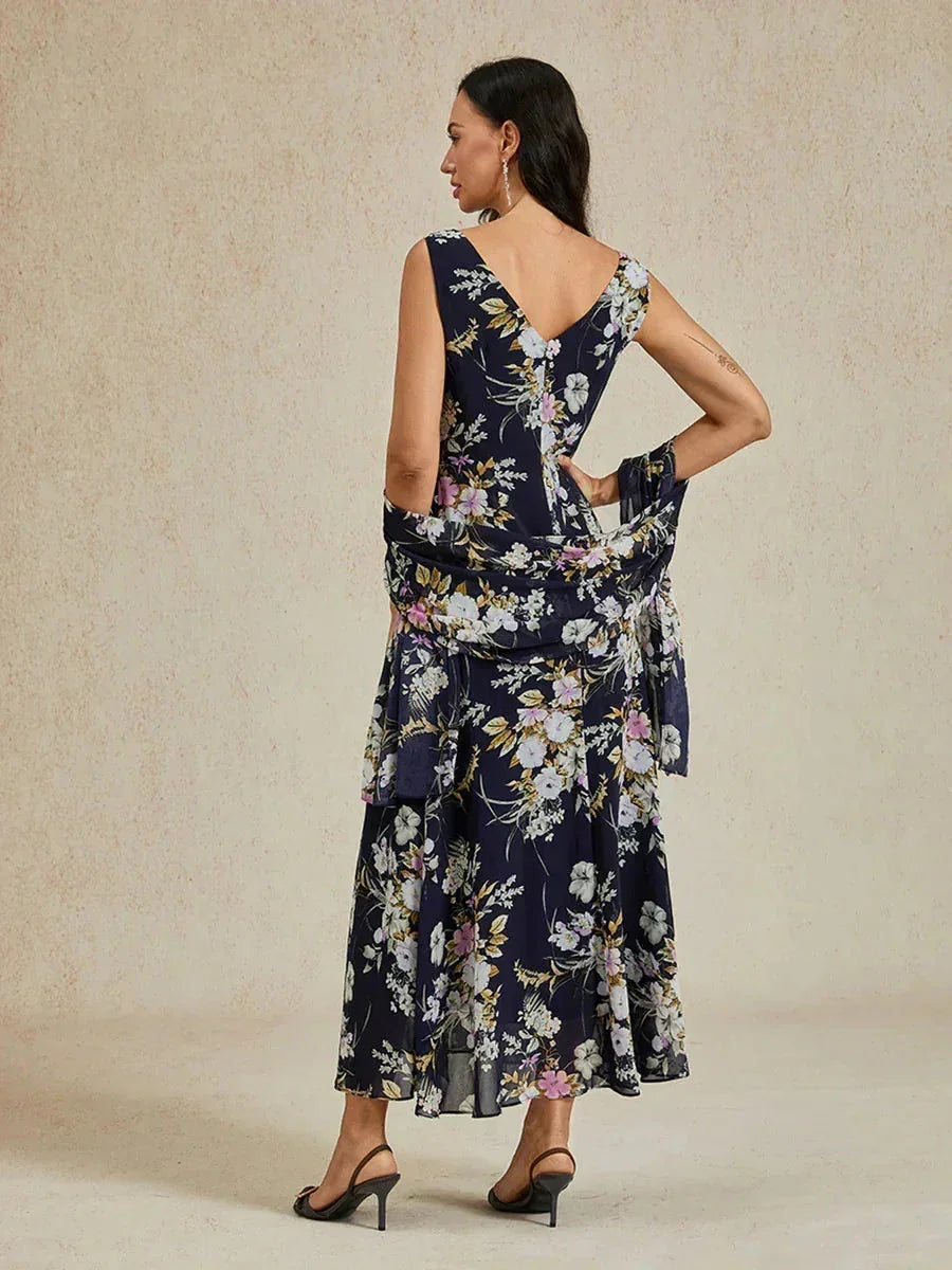 Floral Cowl Neck Tea-Length Dress with Flounce Hem