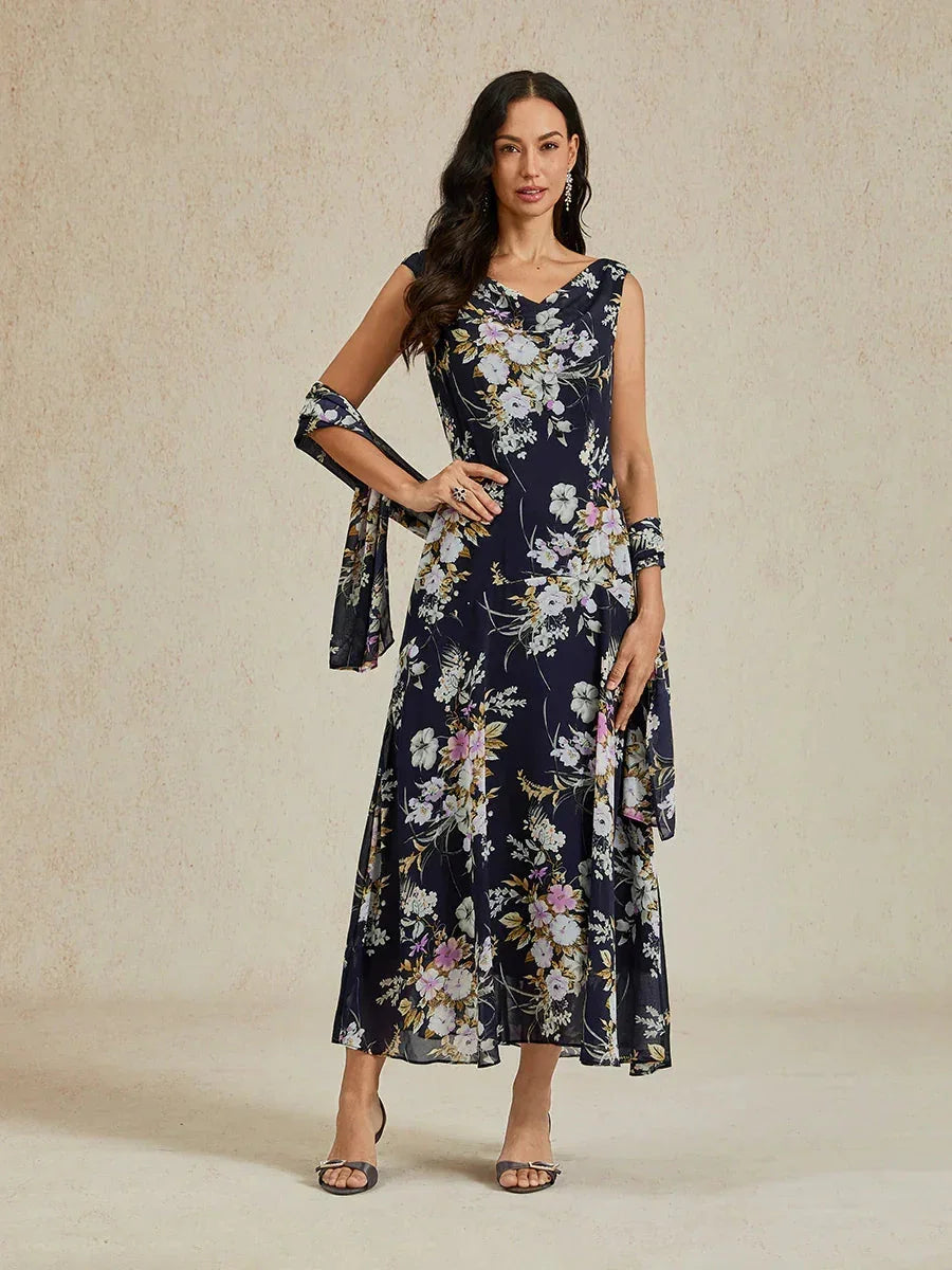 Floral Cowl Neck Tea-Length Dress with Flounce Hem