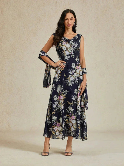 Robe longue à col bénitier et ourlet à volants