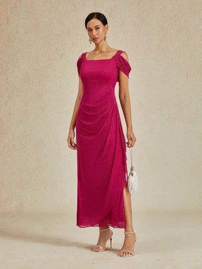 Ankle-Length Cold Shoulder Glitter Mesh Dress