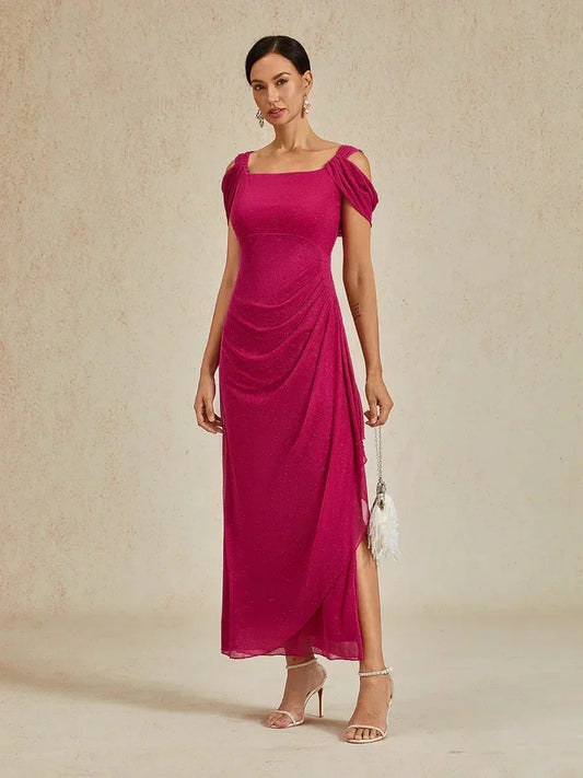 Ankle-Length Cold Shoulder Glitter Mesh Dress