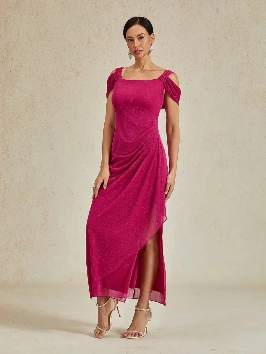 Ankle-Length Cold Shoulder Glitter Mesh Dress
