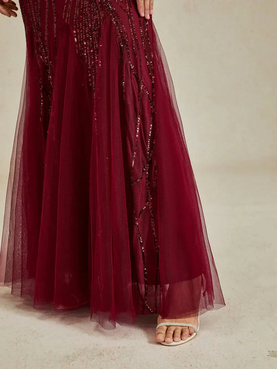 Bodenlanges Meerjungfrauenkleid mit Perlen und Pailletten