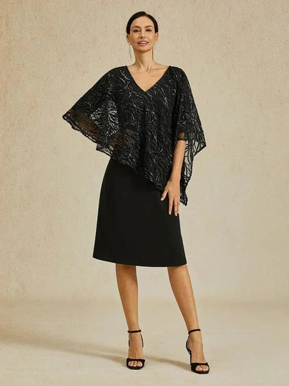 Sequin Knee Length V Neck Overlay Dress