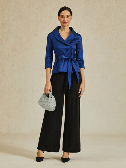 3/4 Sleeve Stretch Taffeta Blouse with Tie Waist Detail