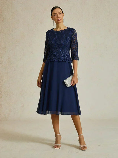 Elegant Lace and Chiffon Tea-Length Dress