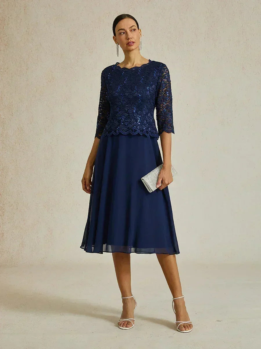 Robe élégante en dentelle et mousseline de soie, longueur thé