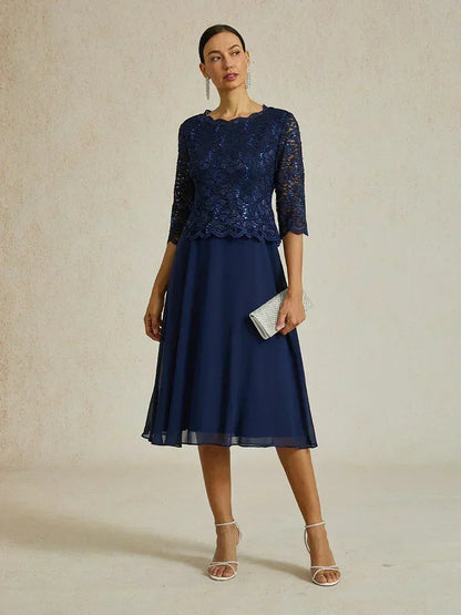 Robe élégante en dentelle et mousseline de soie, longueur thé