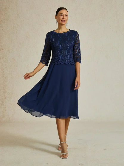 Robe élégante en dentelle et mousseline de soie, longueur thé