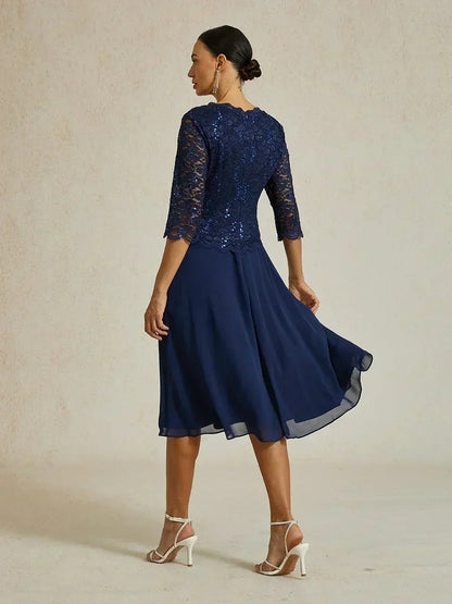 Robe élégante en dentelle et mousseline de soie, longueur thé