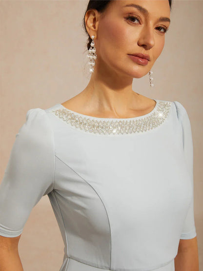 Boat Neck Ruffle A-Line Maxi Dress with Rhinestone Neck Detail