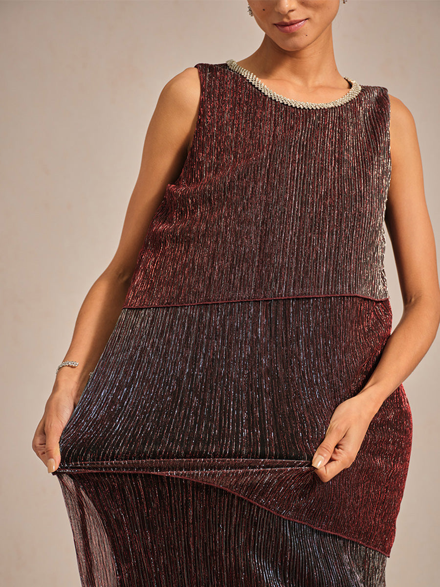 Metallic Pleated Chiffon Midi Dress with Beaded Round Neck