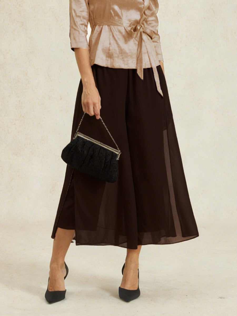 Cropped Length Straight Leg Pant With Chiffon Split Leg Overlay