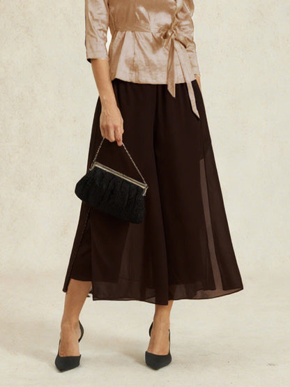 Cropped Length Straight Leg Pant With Chiffon Split Leg Overlay