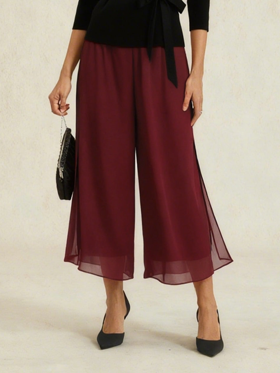 Cropped Length Straight Leg Pant With Chiffon Split Leg Overlay
