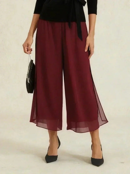 Cropped Length Straight Leg Pant With Chiffon Split Leg Overlay