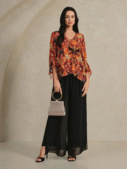 Paisley Chiffon Peasant Blouse with Long Lantern Sleeves