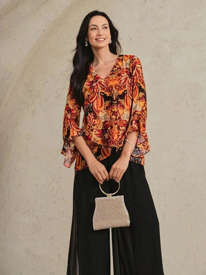 Paisley Chiffon Peasant Blouse with Long Lantern Sleeves