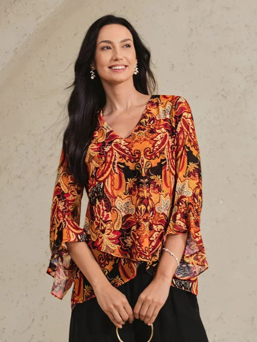 Paisley Chiffon Peasant Blouse with Long Lantern Sleeves