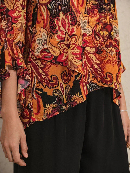 Paisley Chiffon Peasant Blouse with Long Lantern Sleeves