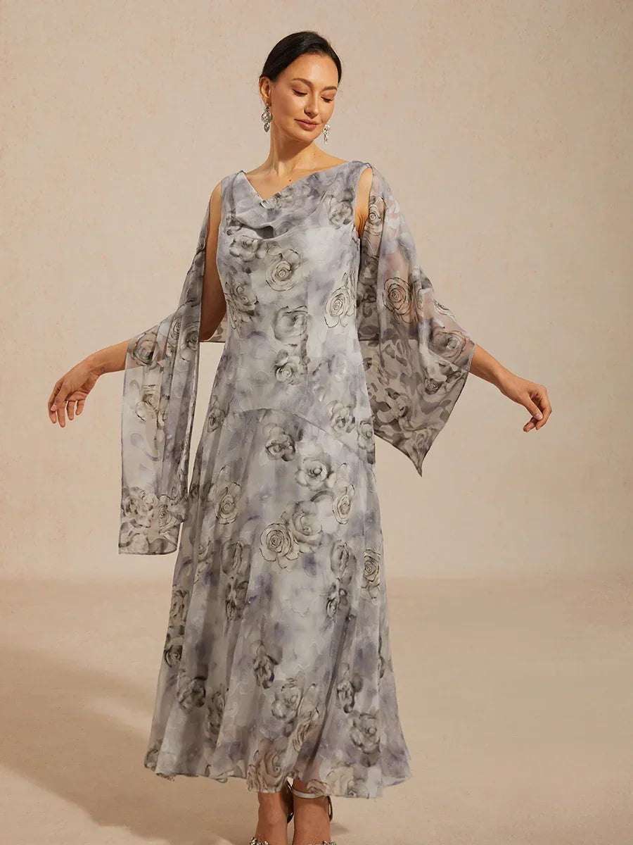 Robe longue à col bénitier et ourlet à volants