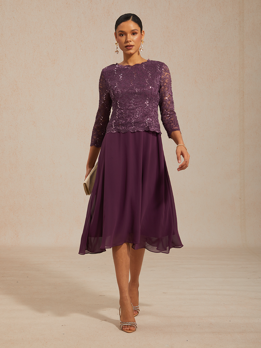 Robe élégante en dentelle et mousseline de soie, longueur thé