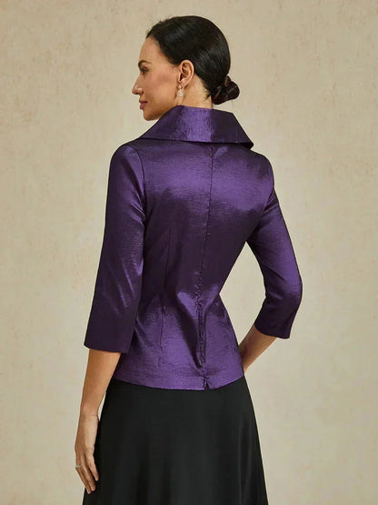 3/4 Sleeve Stretch Taffeta Blouse with Tie Waist Detail