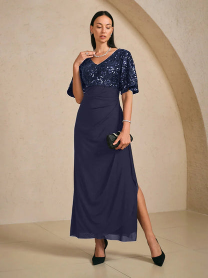 Embroidered Sequin Empire Waist Gown with Flutter Sleeves