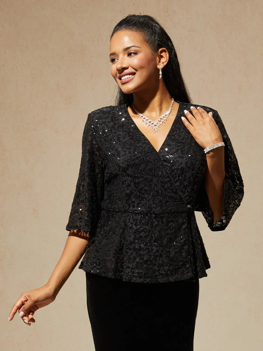 3/4 Sleeve Stretch Lace Blouse with Sequin Detail