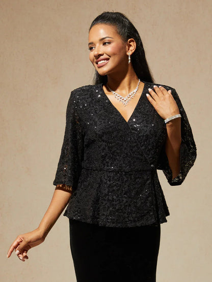 3/4 Sleeve Stretch Lace Blouse with Sequin Detail