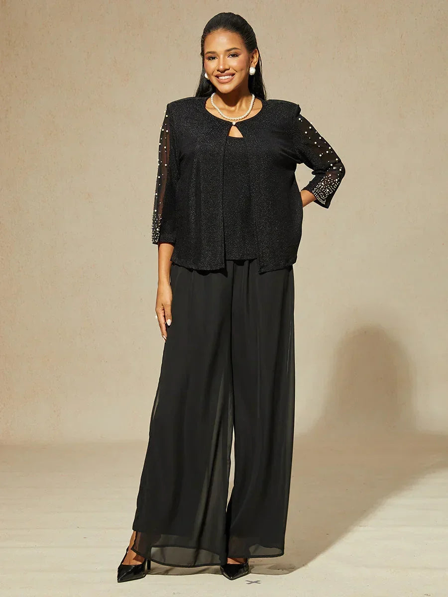 Beaded 3/4 Sleeve Metallic Knit Blouse