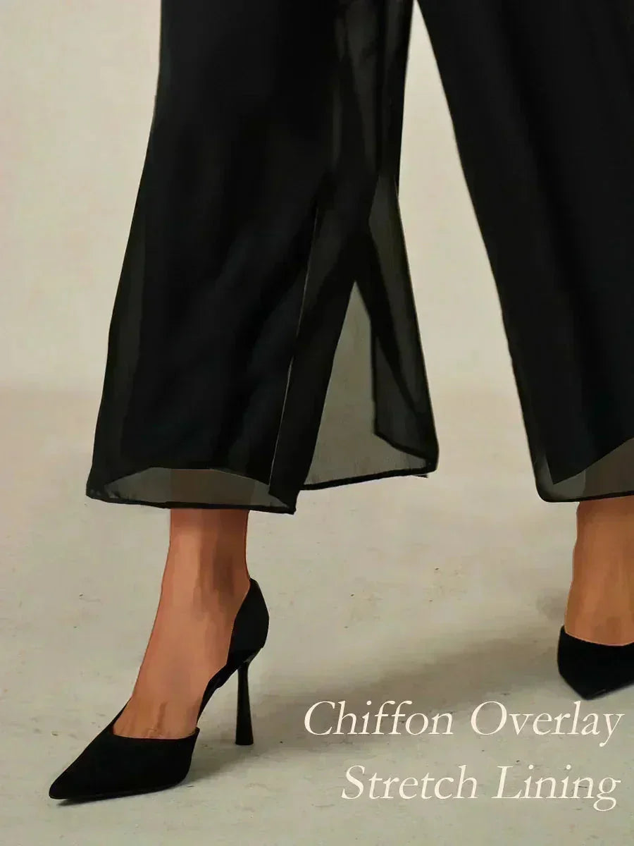 Cropped Length Straight Leg Pant With Chiffon Split Leg Overlay