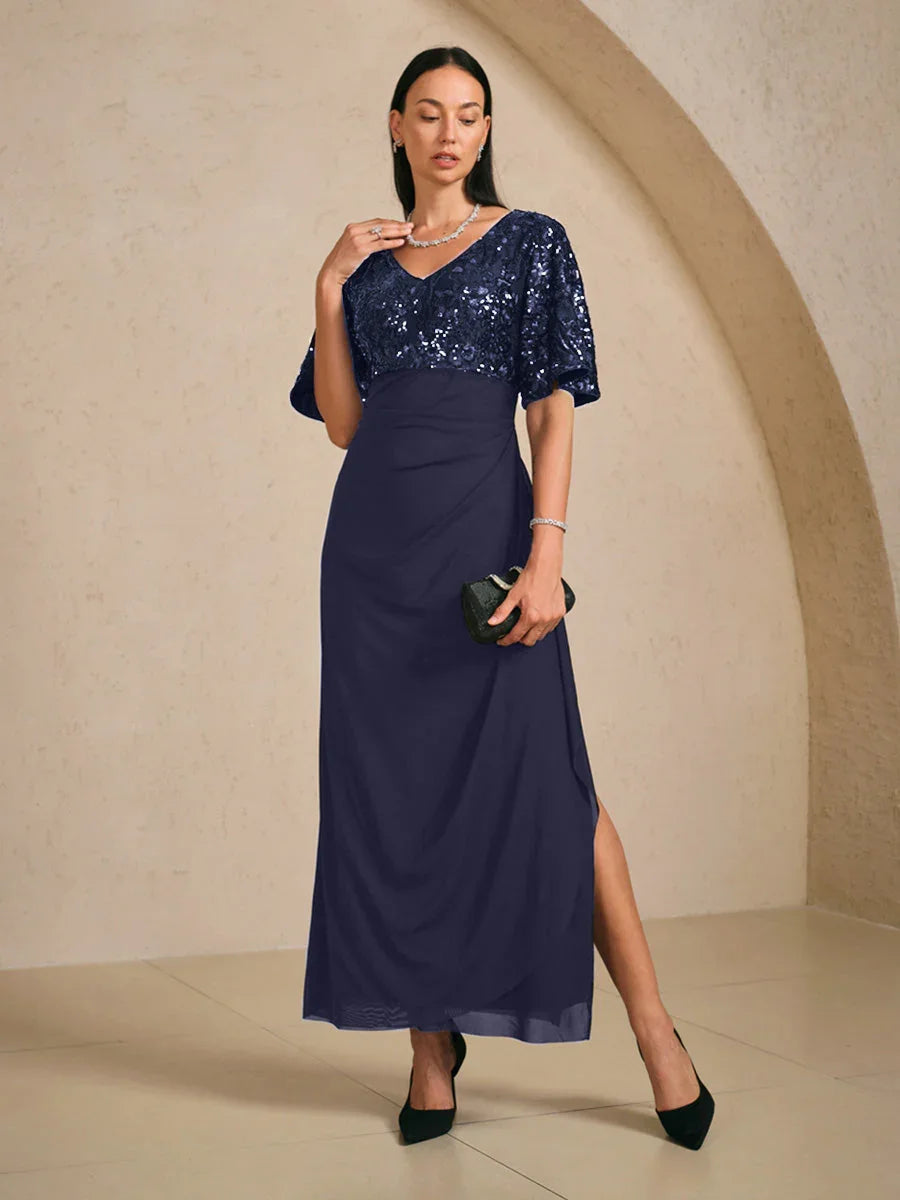 Embroidered Sequin Empire Waist Gown with Flutter Sleeves