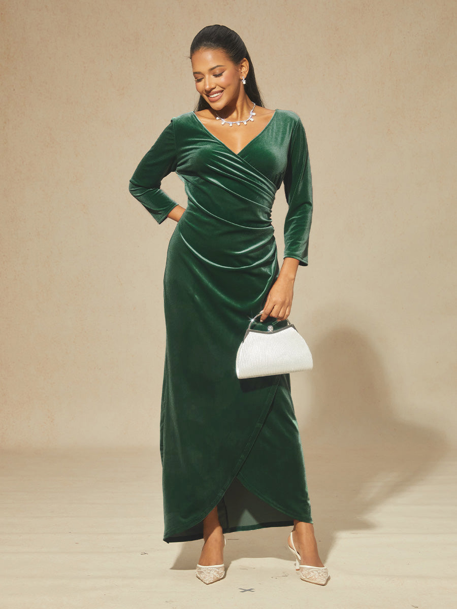 Long Stretch Velvet Evening Dress with 3/4 Sleeves