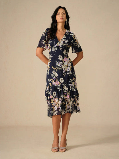Floral Chiffon V Neck Ruffle Midi Dress